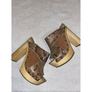 Shellys London Women’s Platform Casuals Sz 6M Brown Patchwork Leather Wood Heels